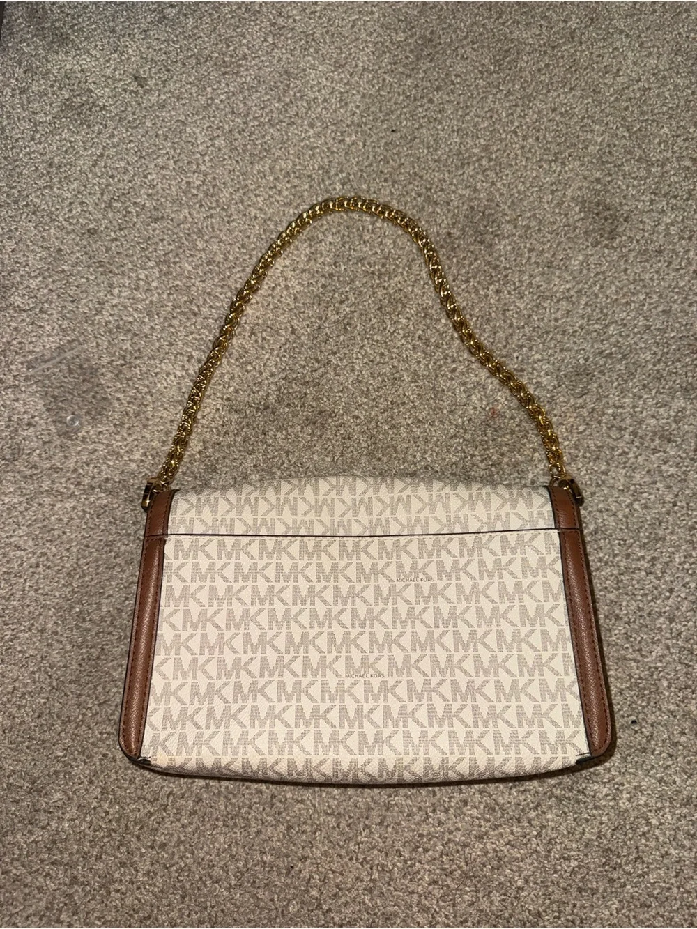 Michael Kors Cream Signature Shoulder Bag with Brown Trim and Gold Chain